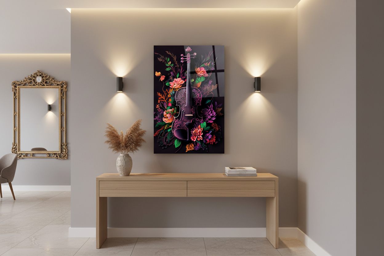 Violino con Fiori Quadro in Vetro Temperato