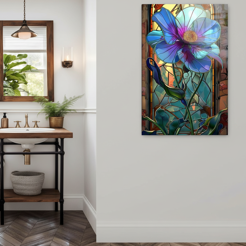 Fiore Blu Effetto Vetrata Quadro in Vetro Temperato
