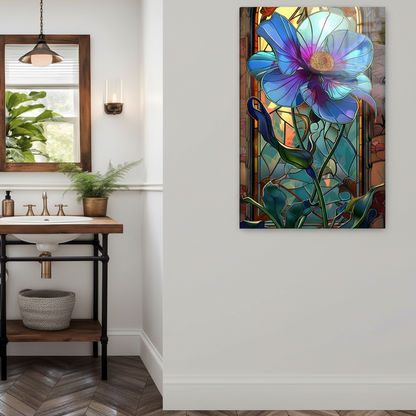 Stained Effect Blue Flower Glass Wall Art