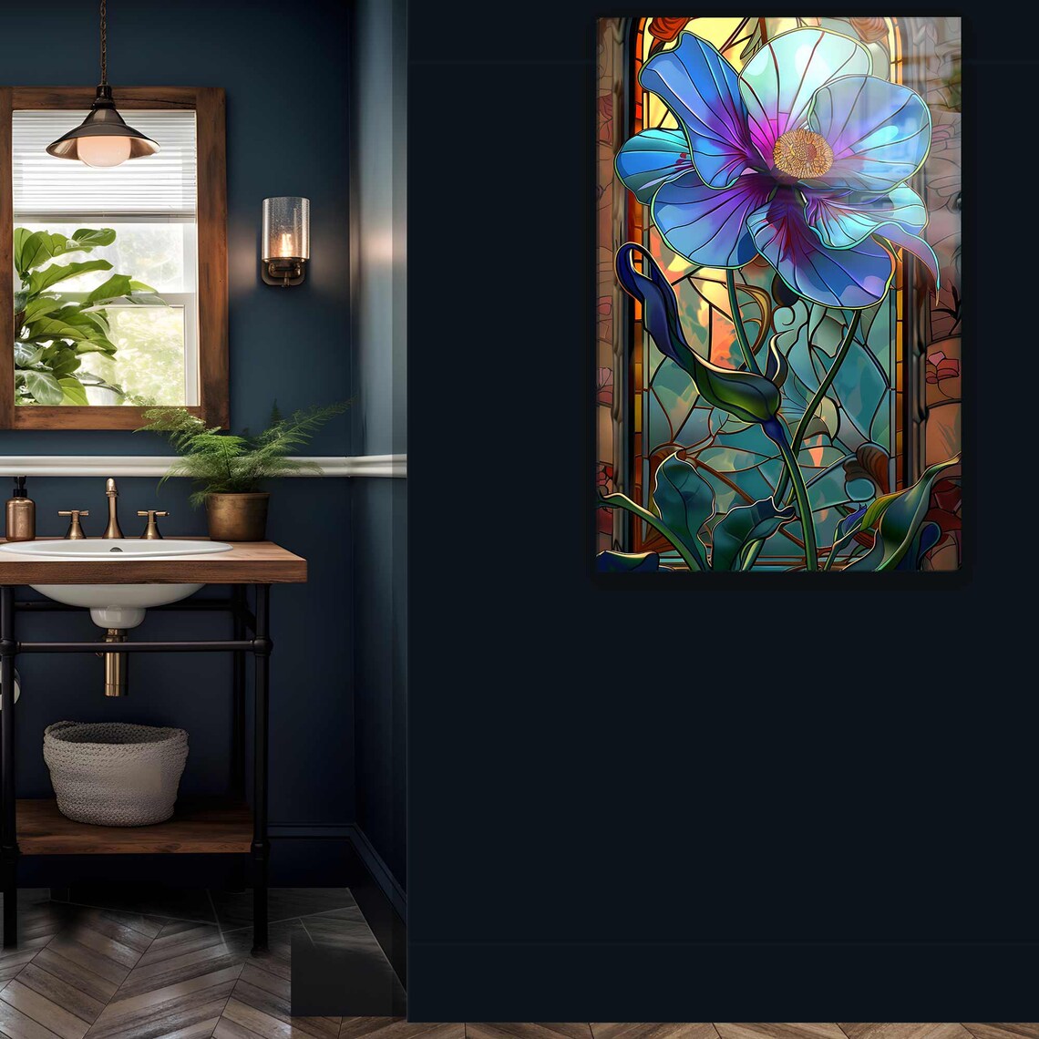 Fiore Blu Effetto Vetrata Quadro in Vetro Temperato
