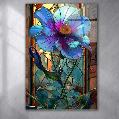 Stained Effect Blue Flower Glass Wall Art