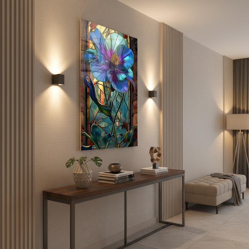 Fiore Blu Effetto Vetrata Quadro in Vetro Temperato