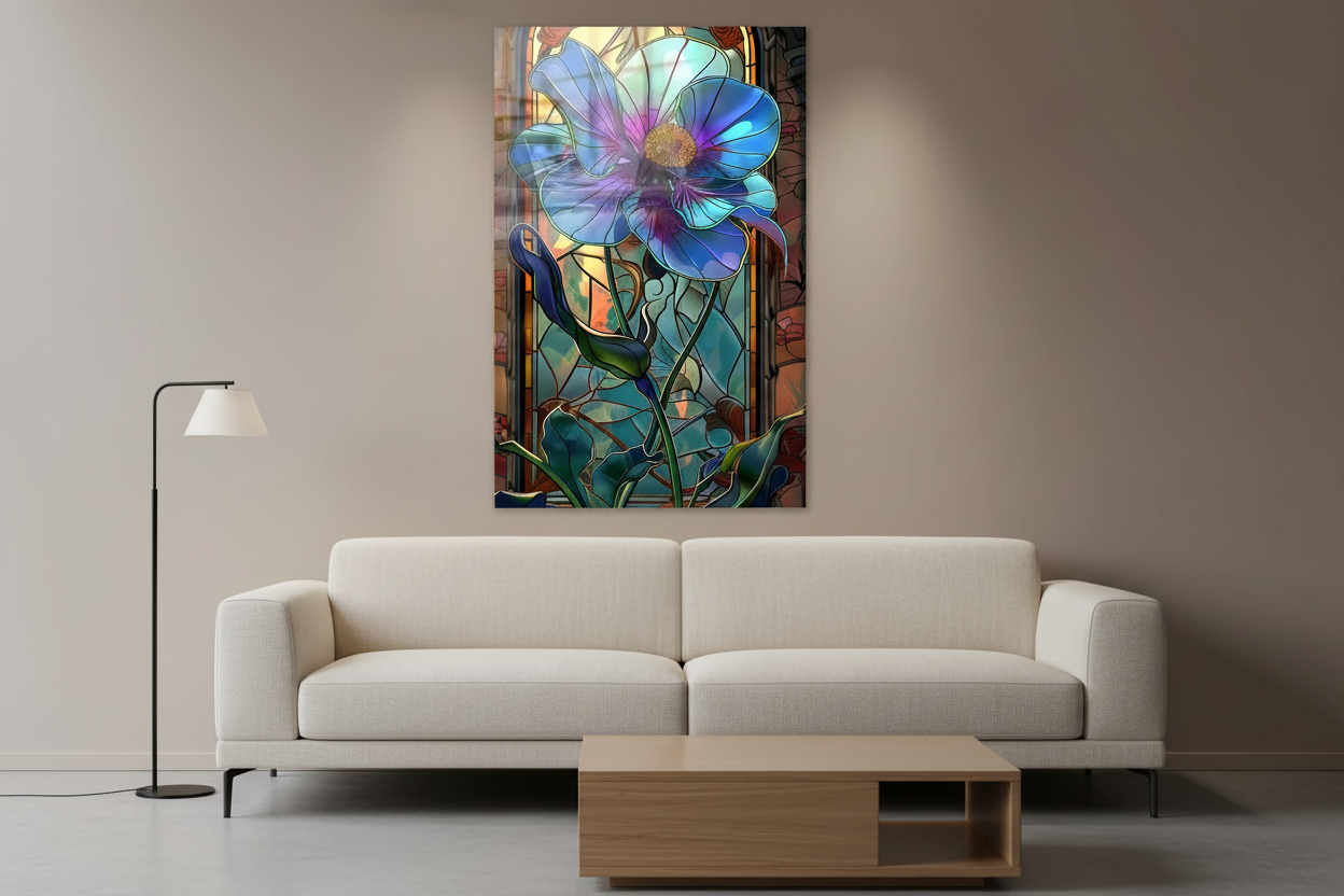 Fiore Blu Effetto Vetrata Quadro in Vetro Temperato