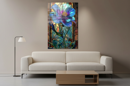 Stained Effect Blue Flower Glass Wall Art
