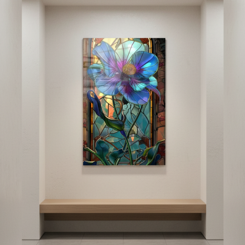 Fiore Blu Effetto Vetrata Quadro in Vetro Temperato