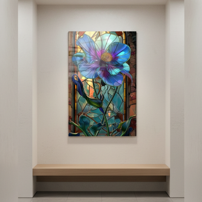 Stained Effect Blue Flower Glass Wall Art