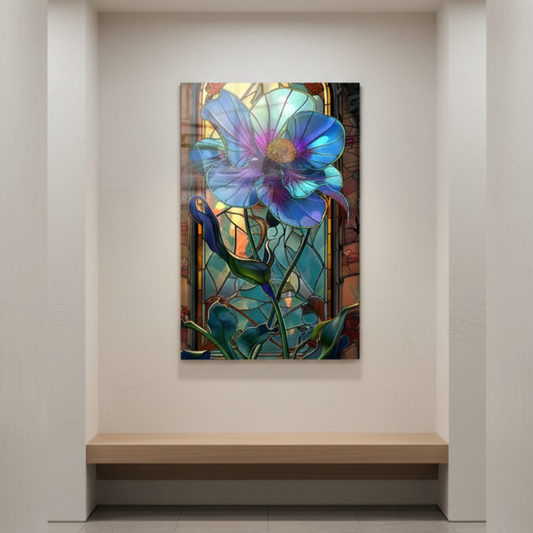Fiore Blu Effetto Vetrata Quadro in Vetro Temperato