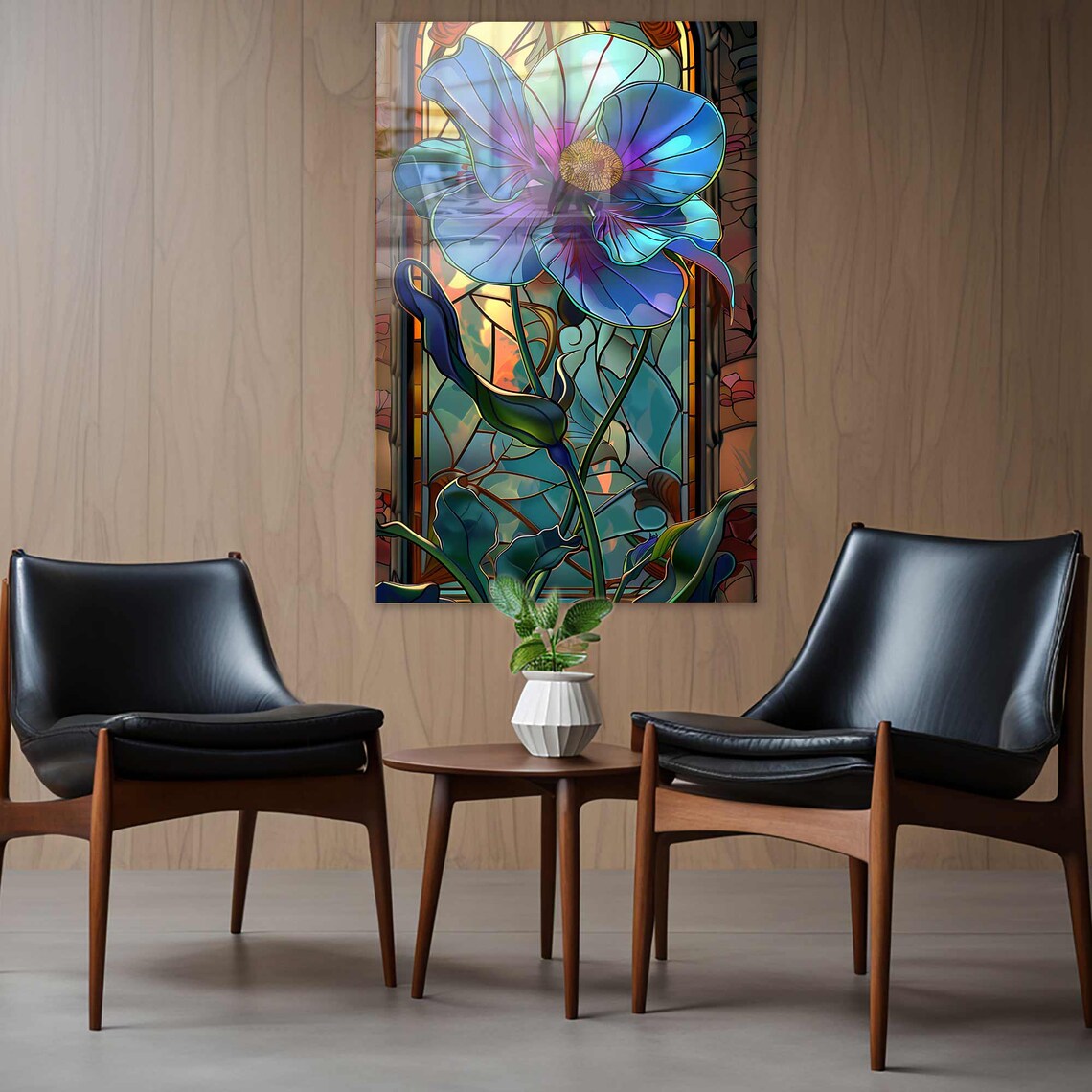 Fiore Blu Effetto Vetrata Quadro in Vetro Temperato