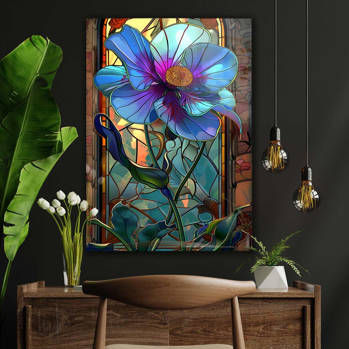 Fiore Blu Effetto Vetrata Quadro in Vetro Temperato
