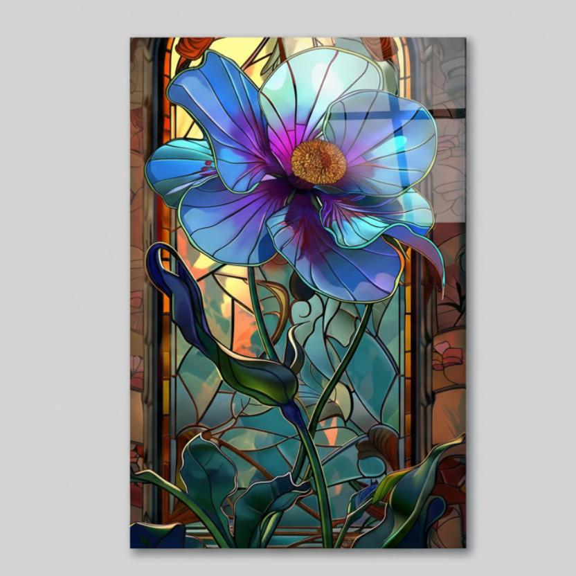 Fiore Blu Effetto Vetrata Quadro in Vetro Temperato