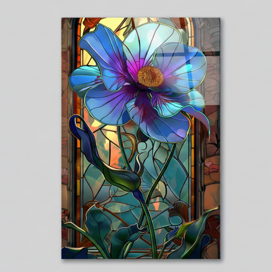 Fiore Blu Effetto Vetrata Quadro in Vetro Temperato
