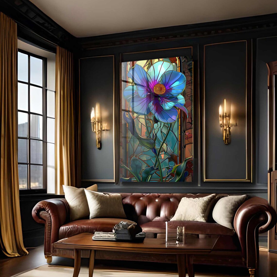 Fiore Blu Effetto Vetrata Quadro in Vetro Temperato