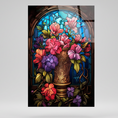 Vaso con Fiori Effetto Vetrata Quadro in Vetro Temperato