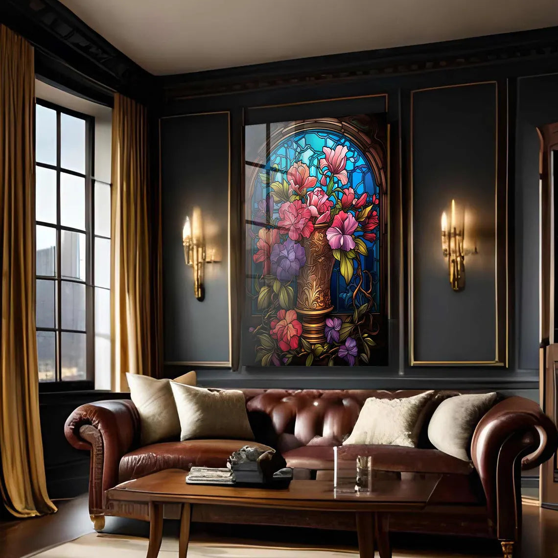 Vaso con Fiori Effetto Vetrata Quadro in Vetro Temperato