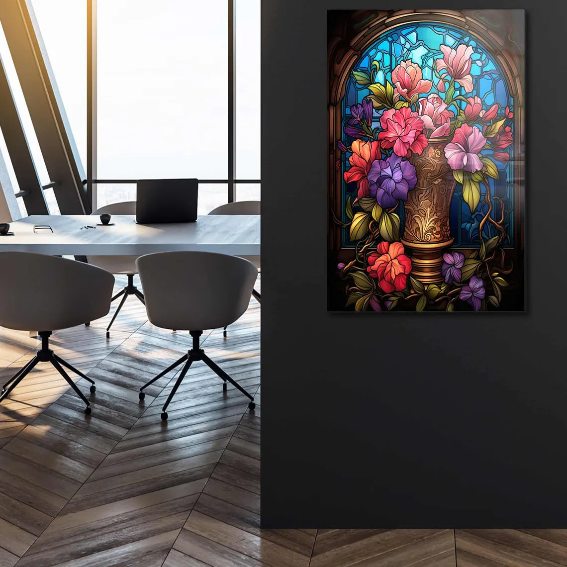 Vaso con Fiori Effetto Vetrata Quadro in Vetro Temperato