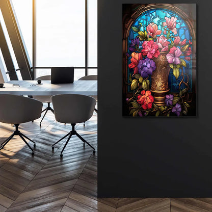 Vaso con Fiori Effetto Vetrata Quadro in Vetro Temperato