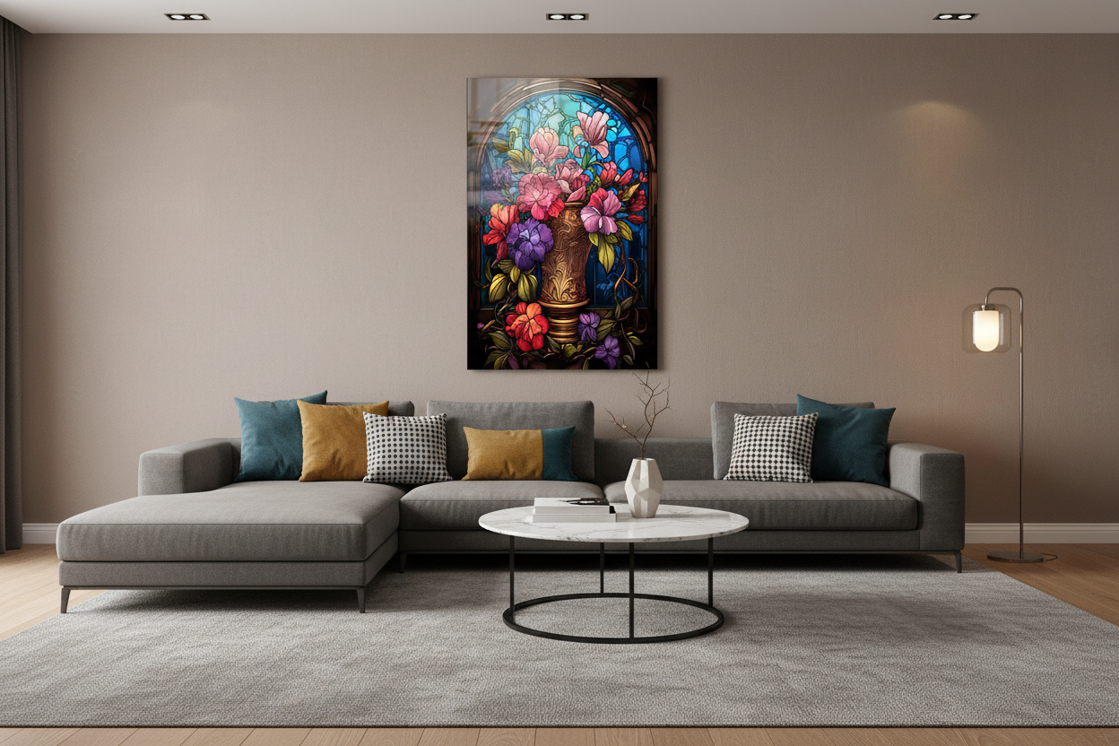 Vaso con Fiori Effetto Vetrata Quadro in Vetro Temperato