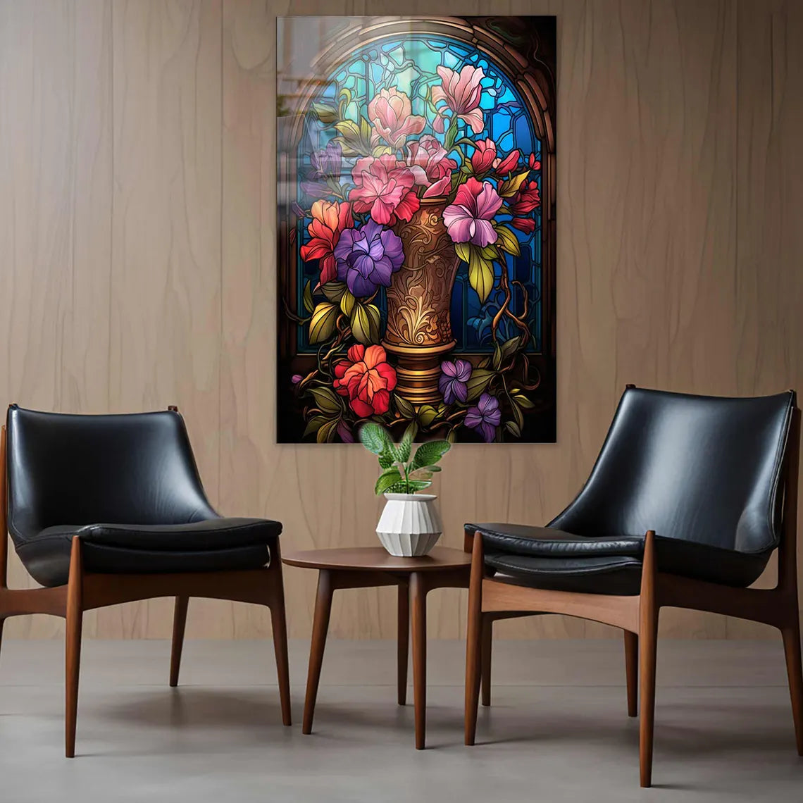 Vaso con Fiori Effetto Vetrata Quadro in Vetro Temperato