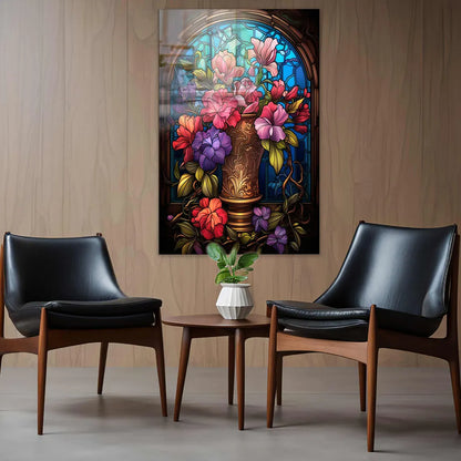 Vaso con Fiori Effetto Vetrata Quadro in Vetro Temperato