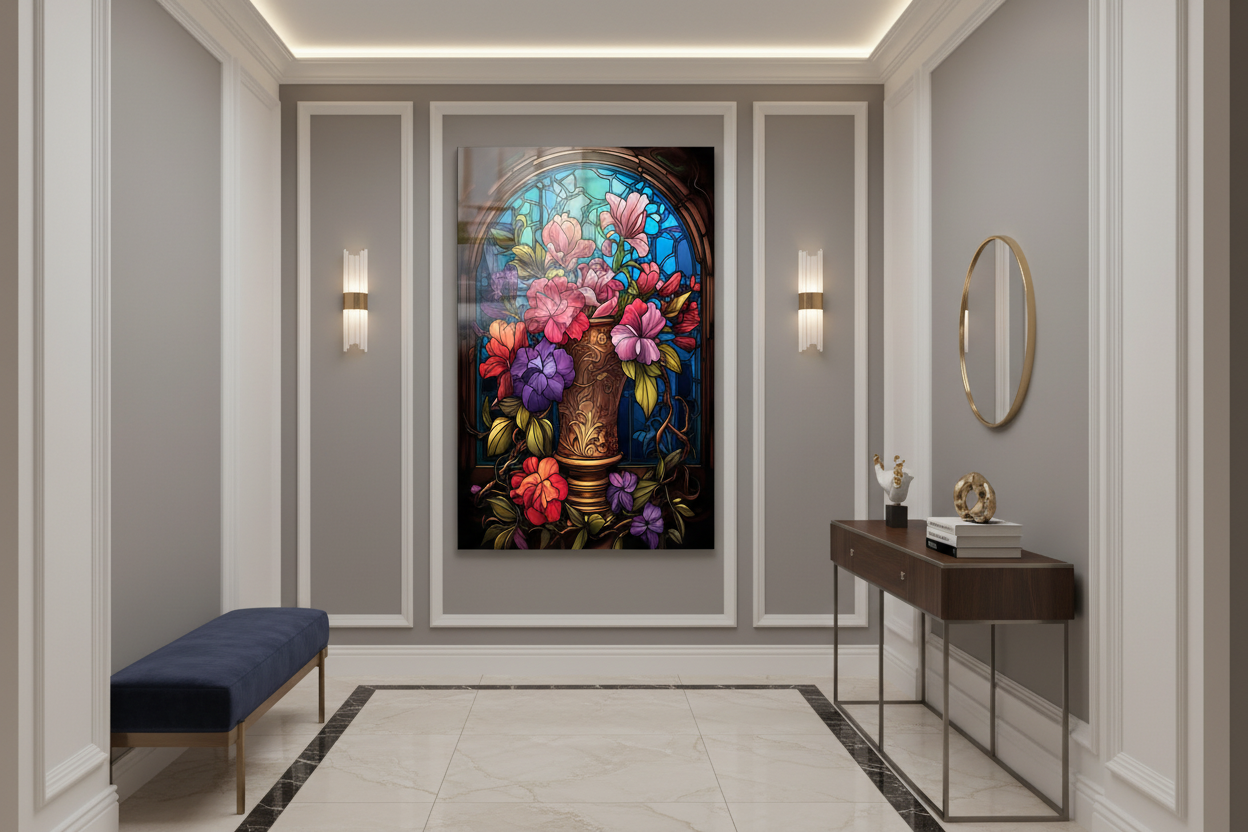 Vaso con Fiori Effetto Vetrata Quadro in Vetro Temperato