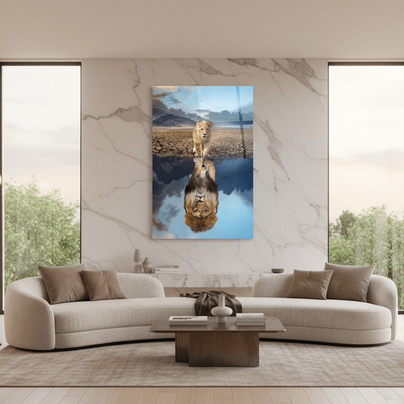 Lion Reflection Glass Wall Art