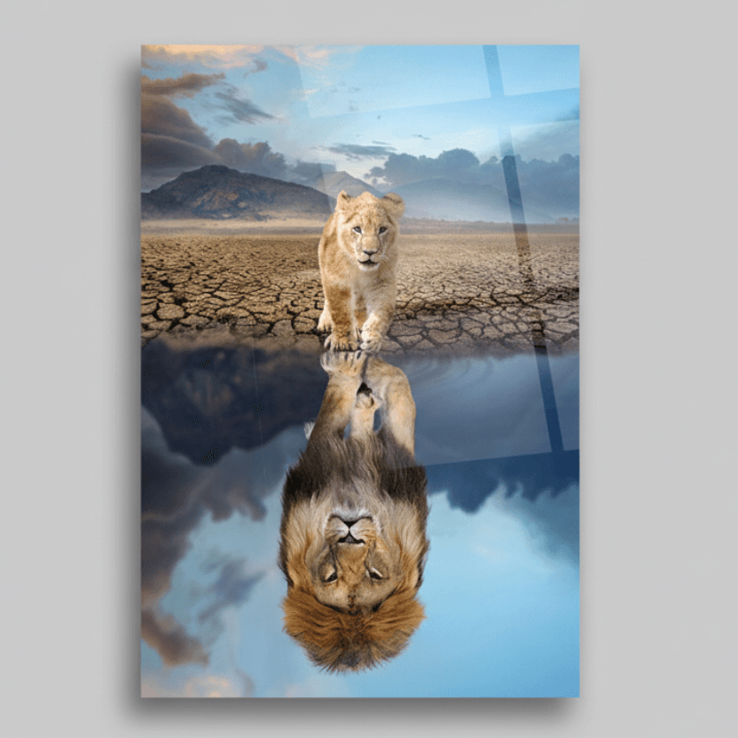 Lion Reflection Glass Wall Art