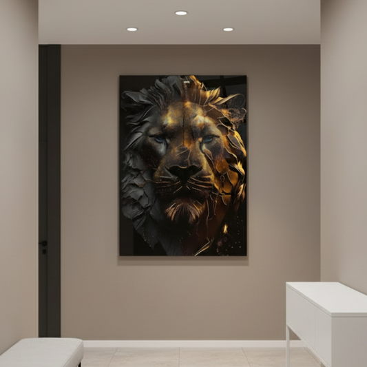 Lion Doré Tableau en Verre Trempé