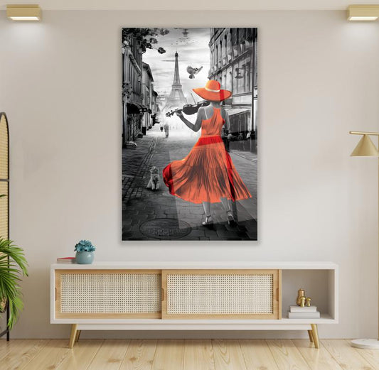 Lady Cellist in Paris Glass Wall Art