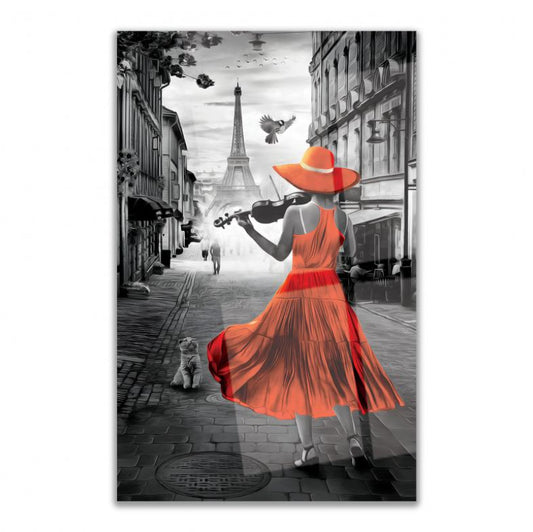 Lady Cellist in Paris Glass Wall Art
