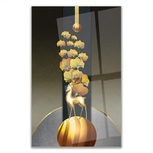 Cerf Doré Tableau en Verre Trempé