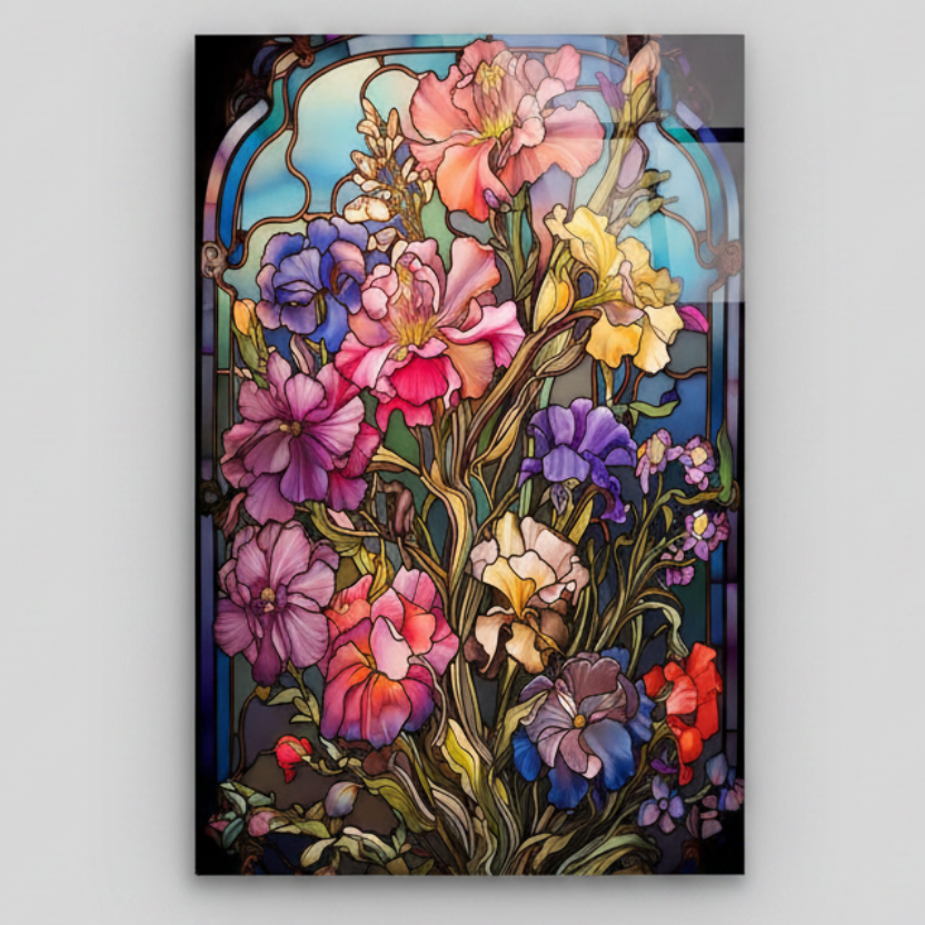 Fleurs Effet Vitrail Tableau en Verre Trempé