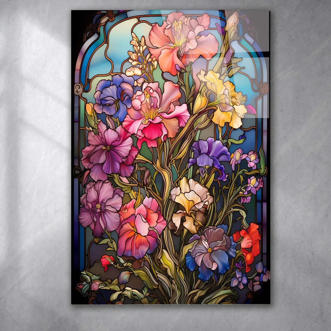 Fleurs Effet Vitrail Tableau en Verre Trempé