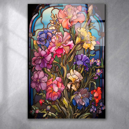 Fleurs Effet Vitrail Tableau en Verre Trempé