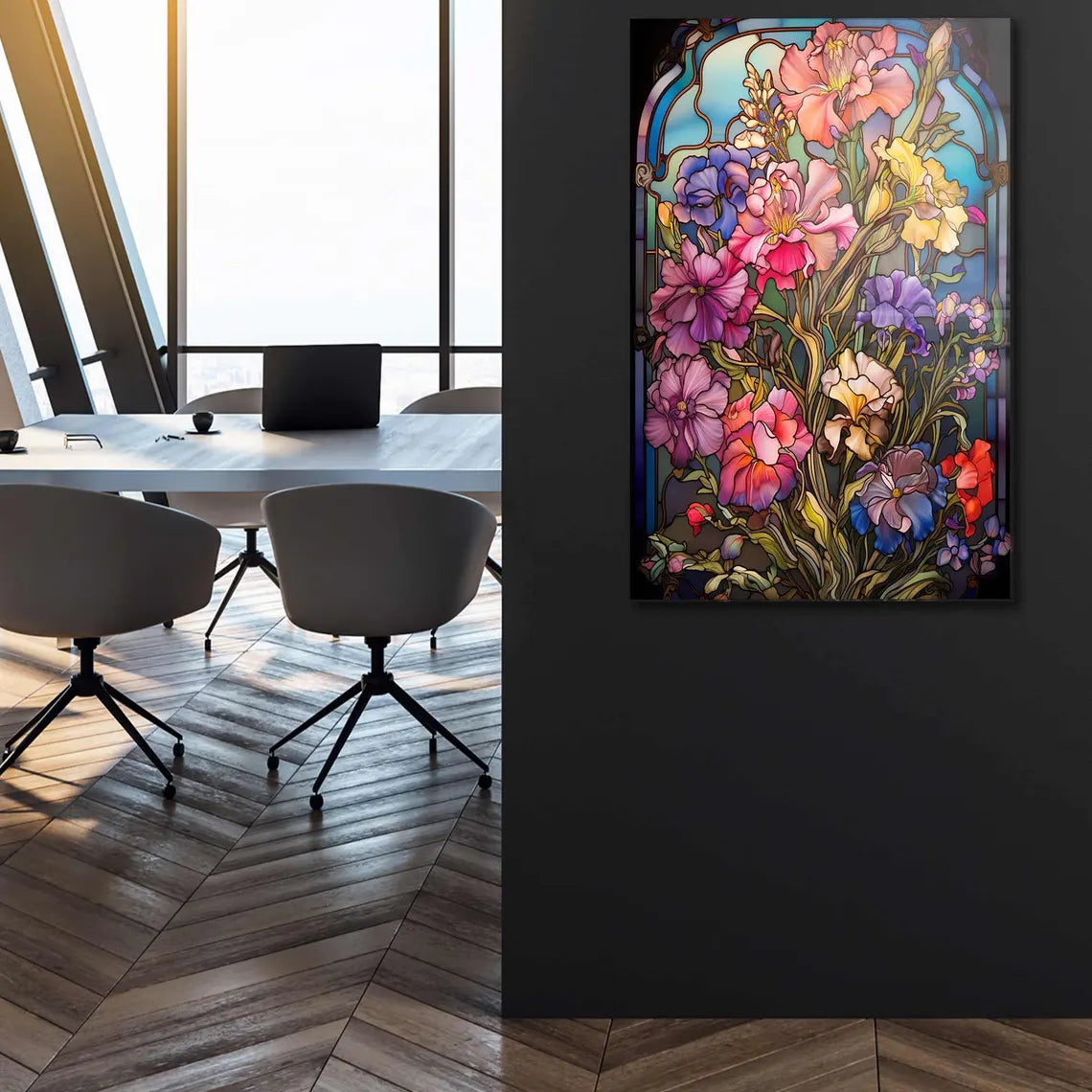 Fleurs Effet Vitrail Tableau en Verre Trempé