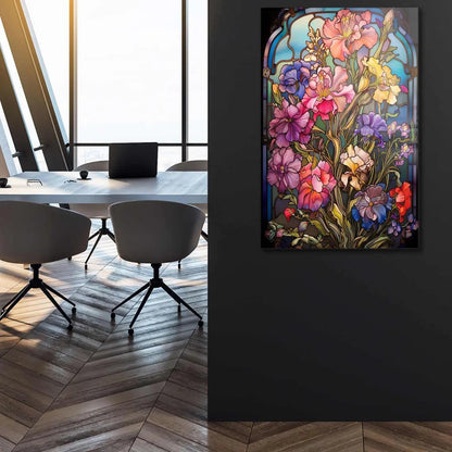 Fleurs Effet Vitrail Tableau en Verre Trempé