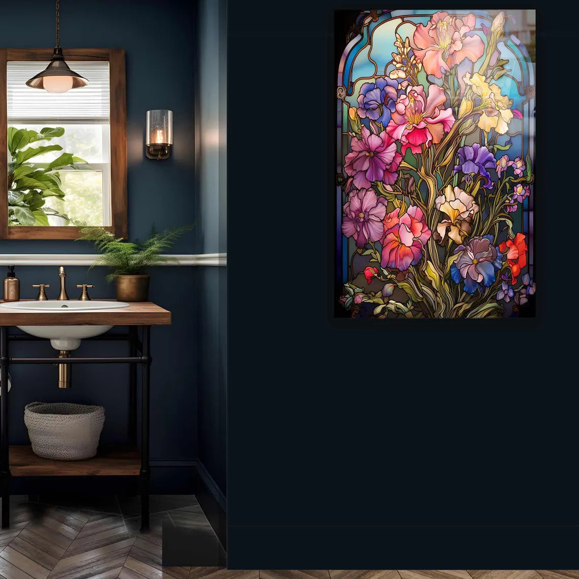 Fleurs Effet Vitrail Tableau en Verre Trempé