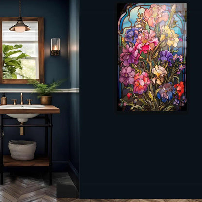 Fleurs Effet Vitrail Tableau en Verre Trempé
