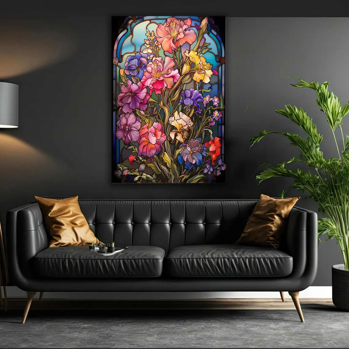 Fleurs Effet Vitrail Tableau en Verre Trempé