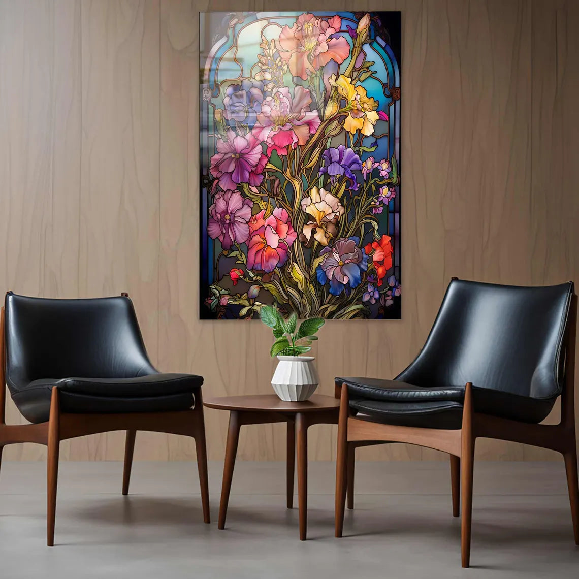 Fleurs Effet Vitrail Tableau en Verre Trempé