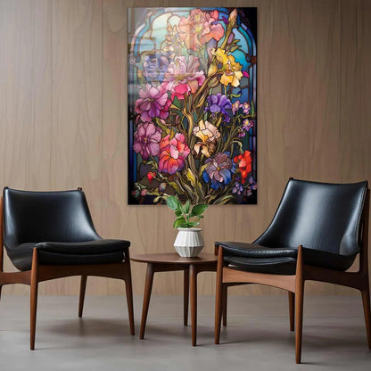 Fleurs Effet Vitrail Tableau en Verre Trempé