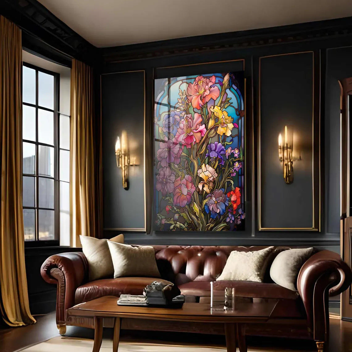 Fleurs Effet Vitrail Tableau en Verre Trempé