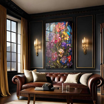 Fleurs Effet Vitrail Tableau en Verre Trempé