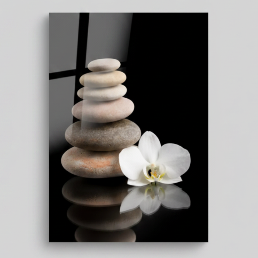 Orchidea Bianca e Pietre Quadro in Vetro Temperato