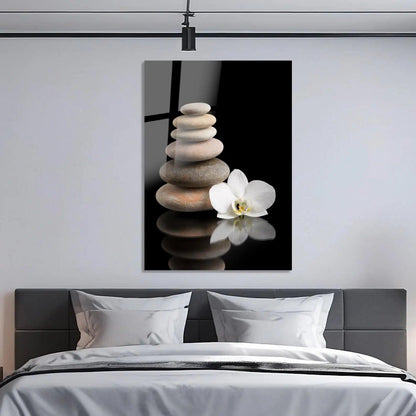 Orchidée Blanche et Pierres Tableau en Verre Trempé