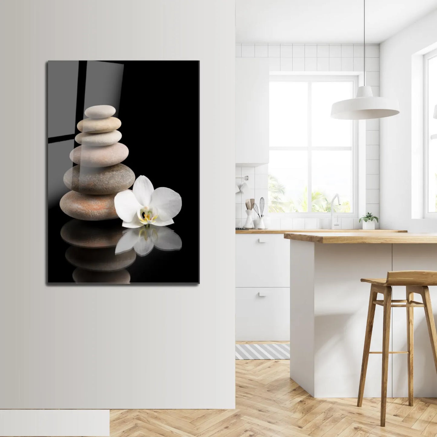 Orchidea Bianca e Pietre Quadro in Vetro Temperato