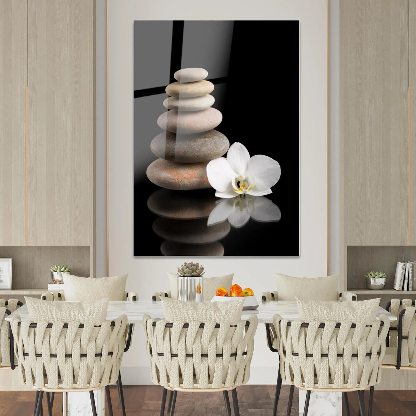 Orchidea Bianca e Pietre Quadro in Vetro Temperato