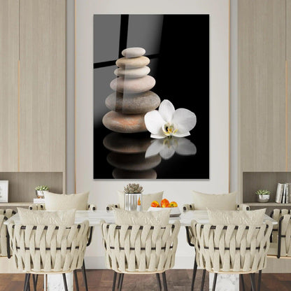 Orchidée Blanche et Pierres Tableau en Verre Trempé