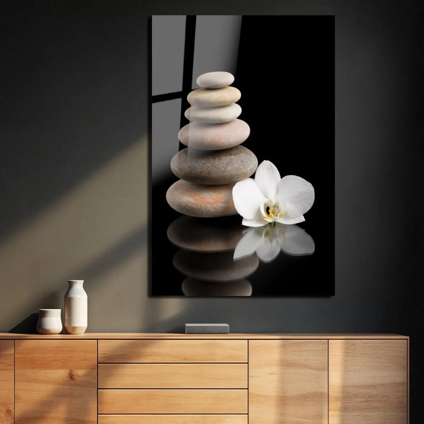 Orchidea Bianca e Pietre Quadro in Vetro Temperato