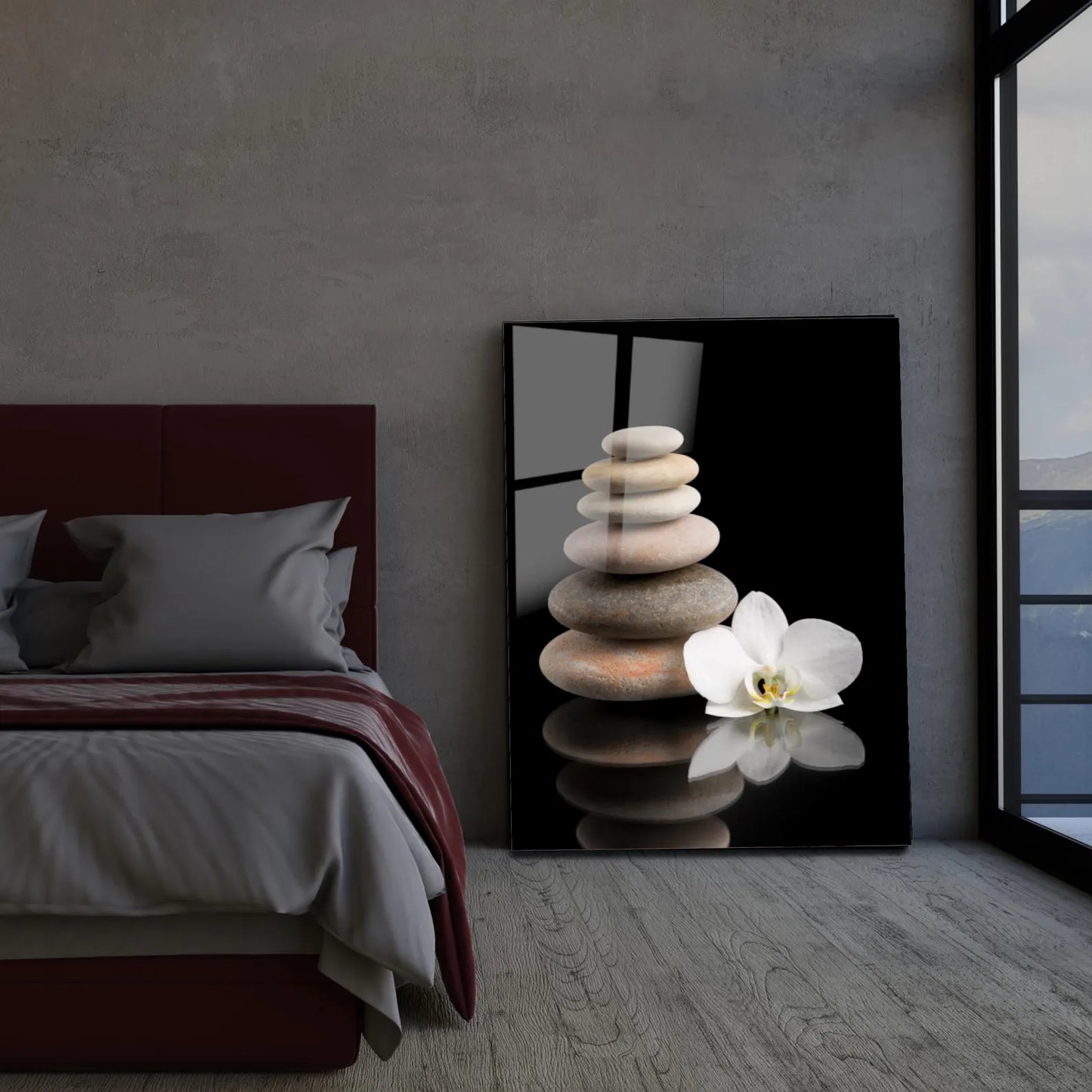 Orchidea Bianca e Pietre Quadro in Vetro Temperato