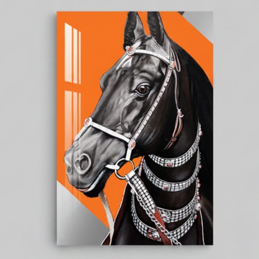 Cheval Noir Tableau en Verre Trempé
